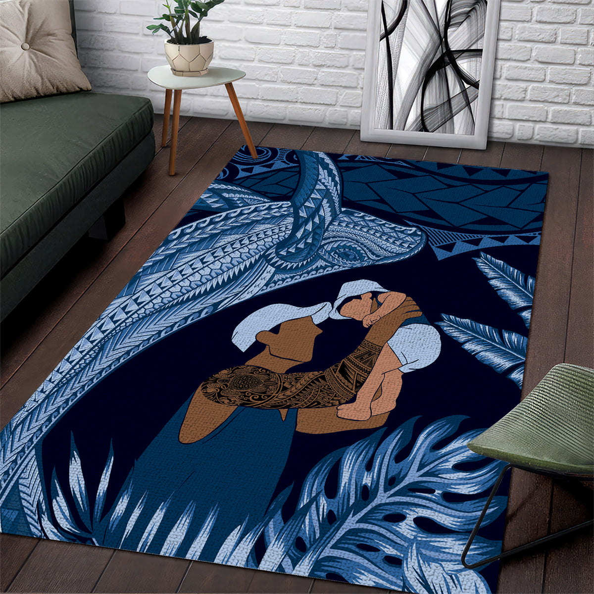 Father's Day Polynesian Pattern Area Rug Tropical Humpback Whale - Navy LT7 Navy Blue - Polynesian Pride