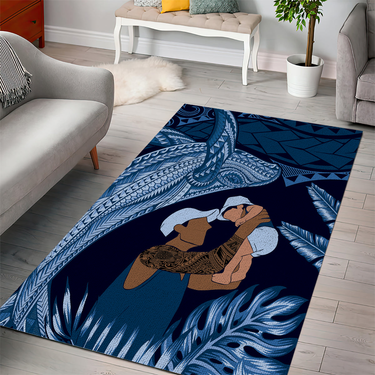 Father's Day Polynesian Pattern Area Rug Tropical Humpback Whale - Navy LT7 - Polynesian Pride