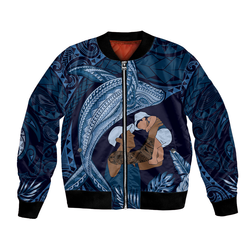 Father's Day Polynesian Pattern Bomber Jacket Tropical Humpback Whale - Navy LT7 Unisex Navy Blue - Polynesian Pride