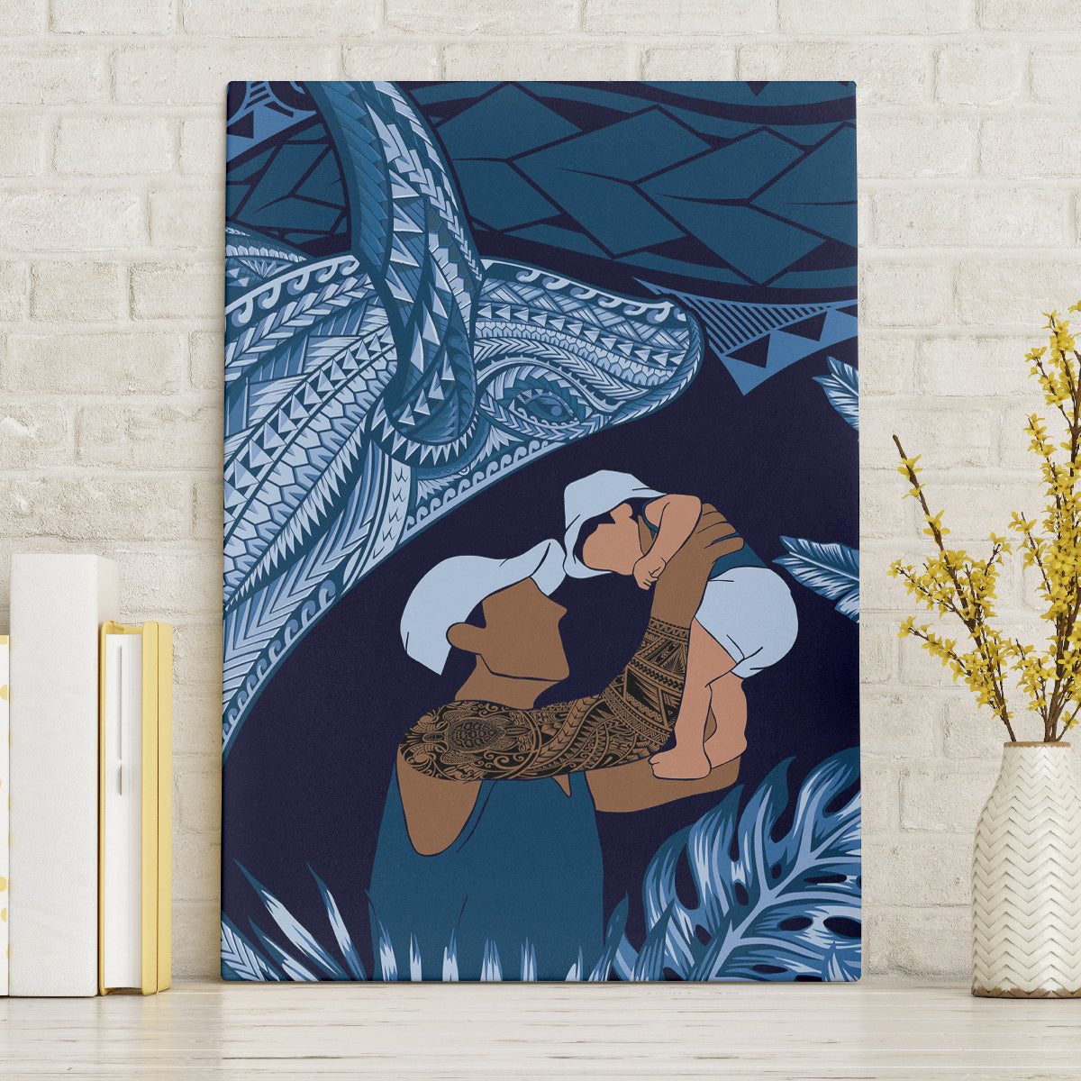 Father's Day Polynesian Pattern Canvas Wall Art Tropical Humpback Whale - Navy LT7 Without Frame Navy Blue - Polynesian Pride