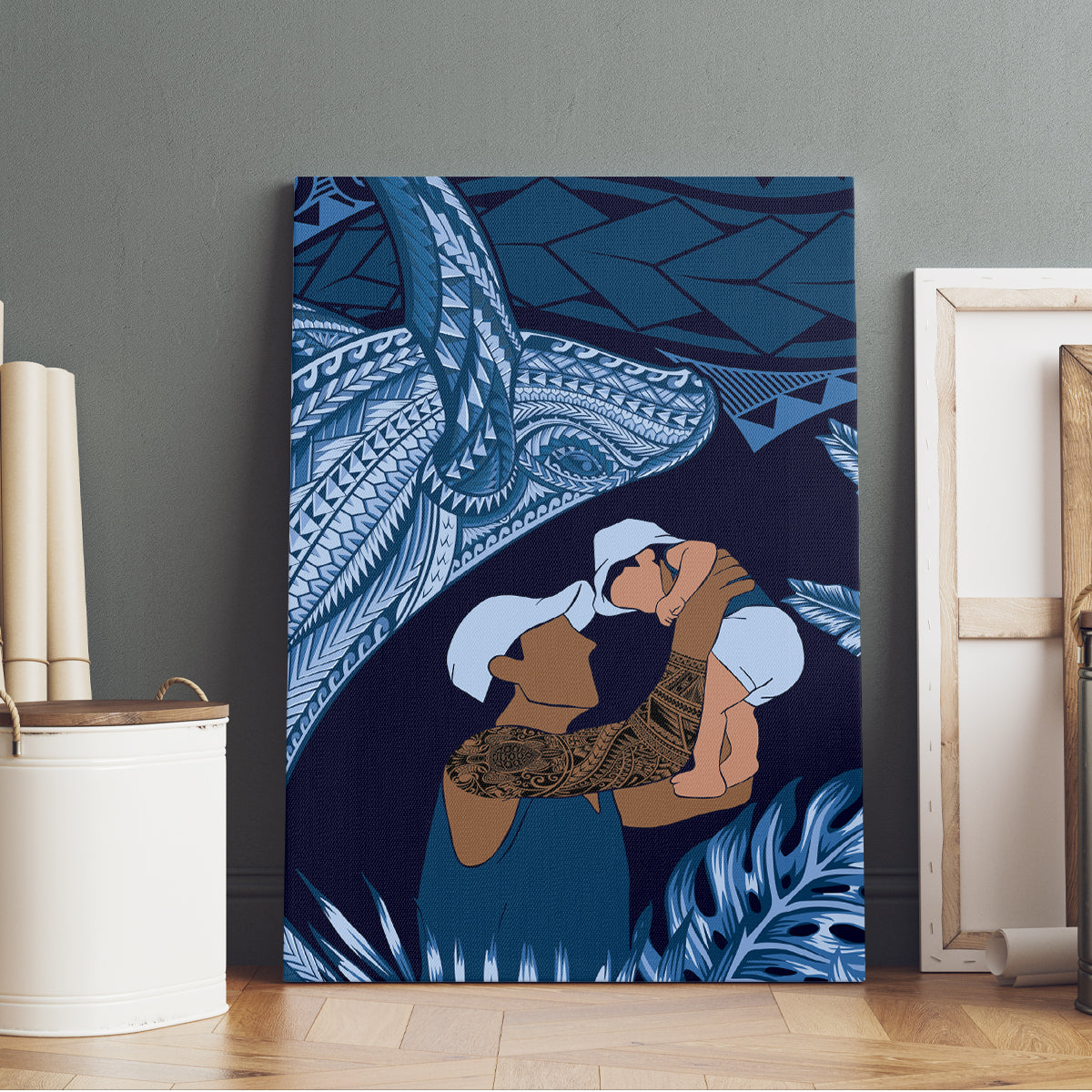 Father's Day Polynesian Pattern Canvas Wall Art Tropical Humpback Whale - Navy LT7 - Polynesian Pride