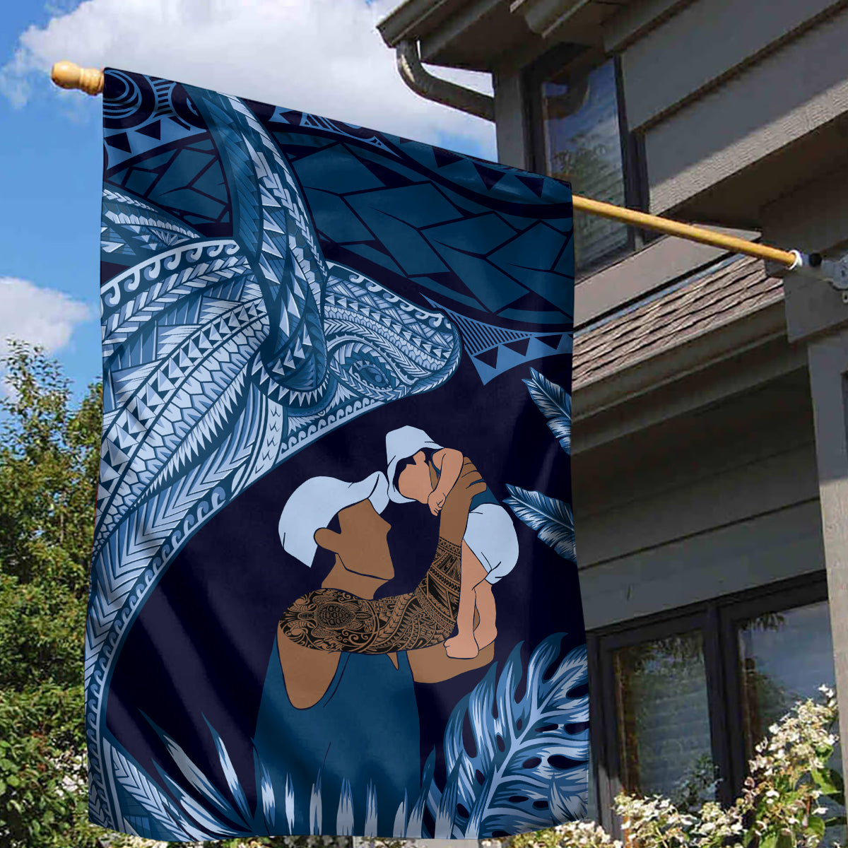Father's Day Polynesian Pattern Garden Flag Tropical Humpback Whale - Navy LT7 - Polynesian Pride