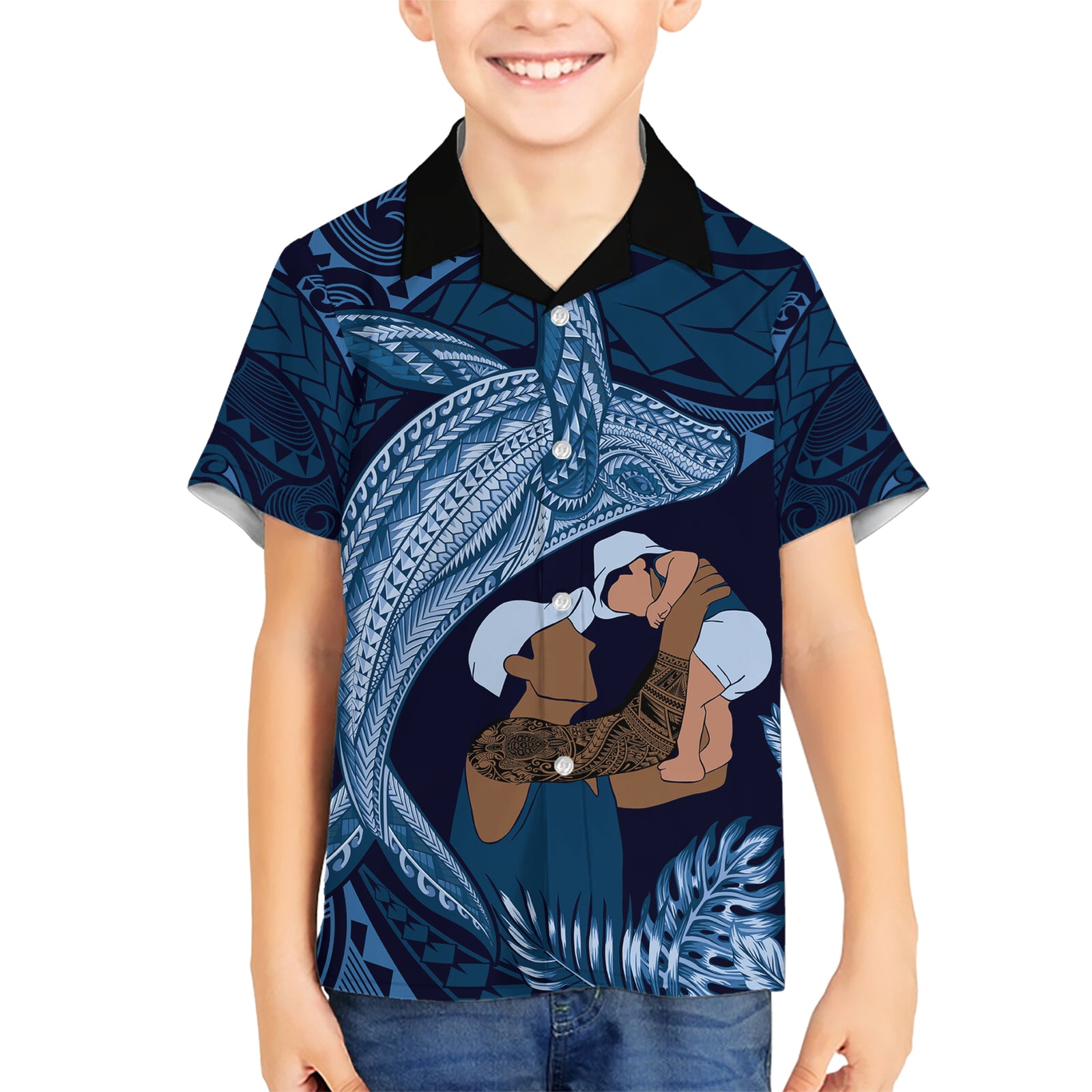 Father's Day Polynesian Pattern Kid Hawaiian Shirt Tropical Humpback Whale - Navy LT7 Kid Navy Blue - Polynesian Pride