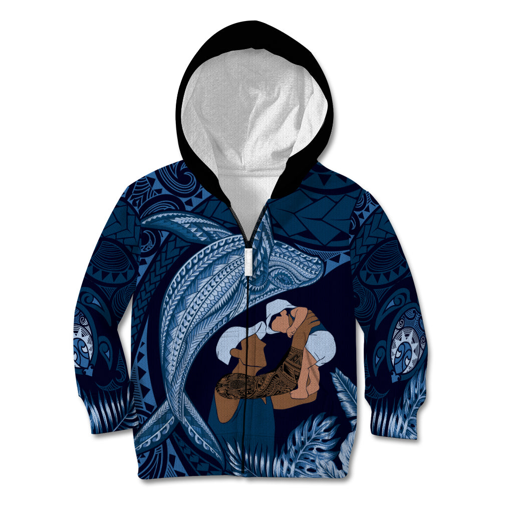 Father's Day Polynesian Pattern Kid Hoodie Tropical Humpback Whale - Navy LT7 Zip Hoodie Navy Blue - Polynesian Pride