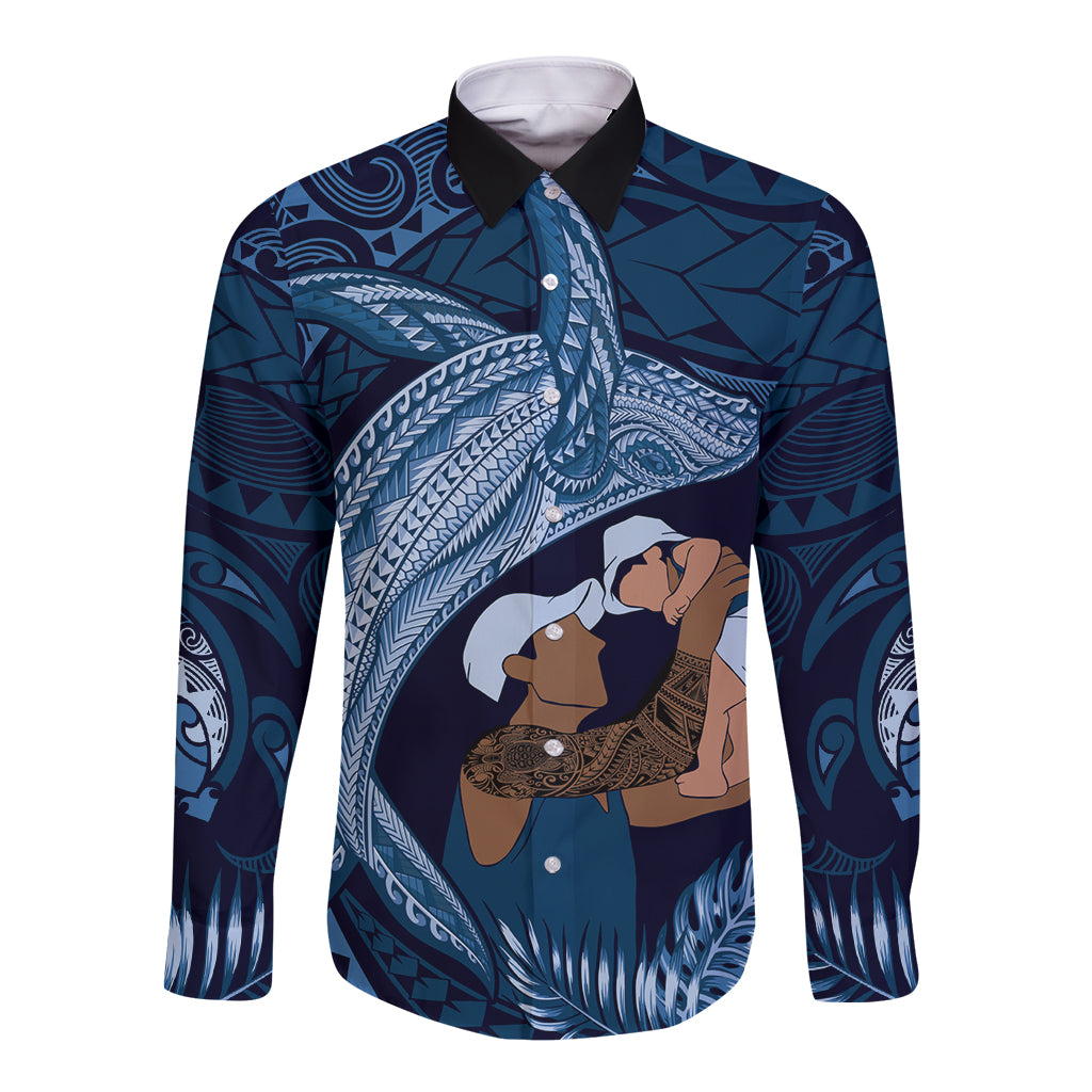 Father's Day Polynesian Pattern Long Sleeve Button Shirt Tropical Humpback Whale - Navy LT7 Unisex Navy Blue - Polynesian Pride