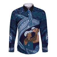 Father's Day Polynesian Pattern Long Sleeve Button Shirt Tropical Humpback Whale - Navy LT7 Unisex Navy Blue - Polynesian Pride