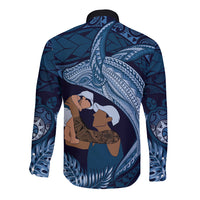Father's Day Polynesian Pattern Long Sleeve Button Shirt Tropical Humpback Whale - Navy LT7 - Polynesian Pride