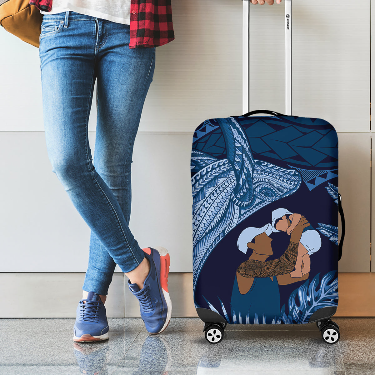 Father's Day Polynesian Pattern Luggage Cover Tropical Humpback Whale - Navy LT7 - Polynesian Pride