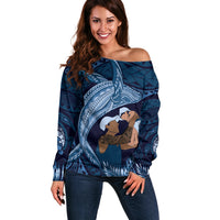 Father's Day Polynesian Pattern Off Shoulder Sweater Tropical Humpback Whale - Navy LT7 Women Navy Blue - Polynesian Pride