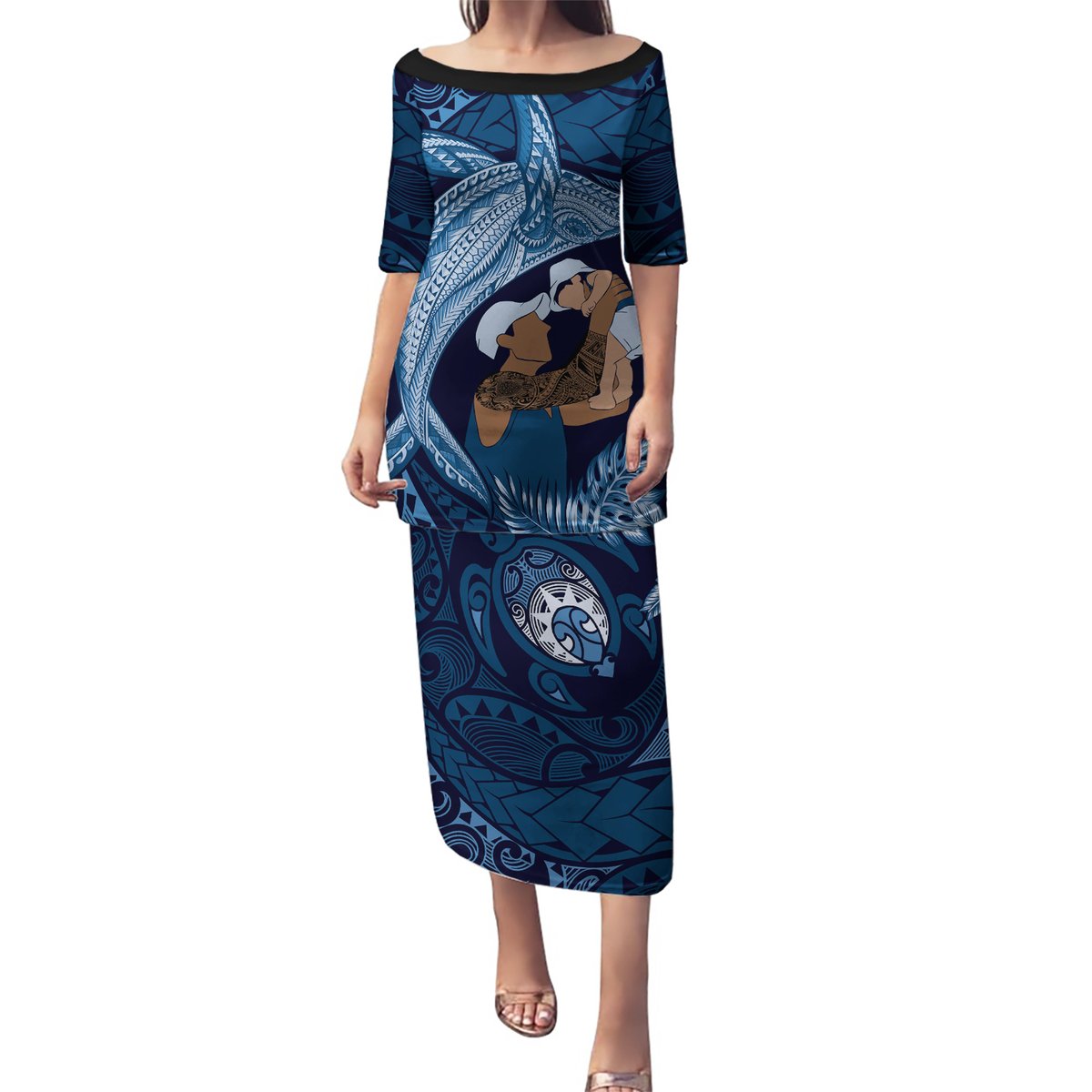 Father's Day Polynesian Pattern Puletasi Tropical Humpback Whale - Navy LT7 Long Dress Navy Blue - Polynesian Pride