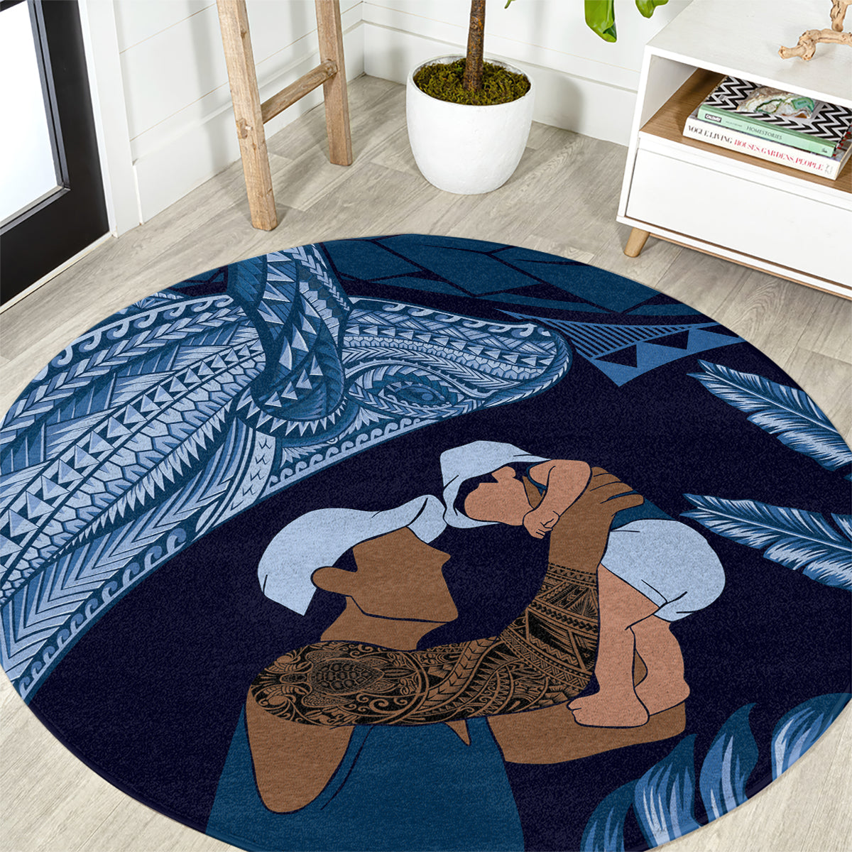 Father's Day Polynesian Pattern Round Carpet Tropical Humpback Whale - Navy LT7 Navy Blue - Polynesian Pride