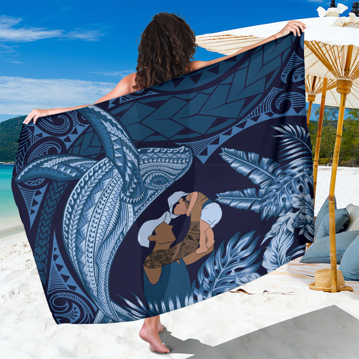 Father's Day Polynesian Pattern Sarong Tropical Humpback Whale - Navy LT7 One Size 44 x 66 inches Navy Blue - Polynesian Pride