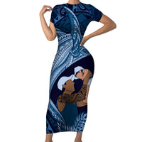 Father's Day Polynesian Pattern Short Sleeve Bodycon Dress Tropical Humpback Whale - Navy LT7 Long Dress Navy Blue - Polynesian Pride