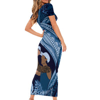 Father's Day Polynesian Pattern Short Sleeve Bodycon Dress Tropical Humpback Whale - Navy LT7 - Polynesian Pride