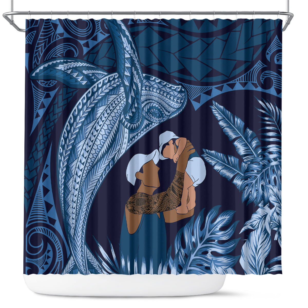 Father's Day Polynesian Pattern Shower Curtain Tropical Humpback Whale - Navy LT7 Navy Blue - Polynesian Pride