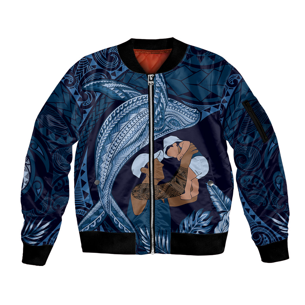 Father's Day Polynesian Pattern Sleeve Zip Bomber Jacket Tropical Humpback Whale - Navy LT7 Unisex Navy Blue - Polynesian Pride
