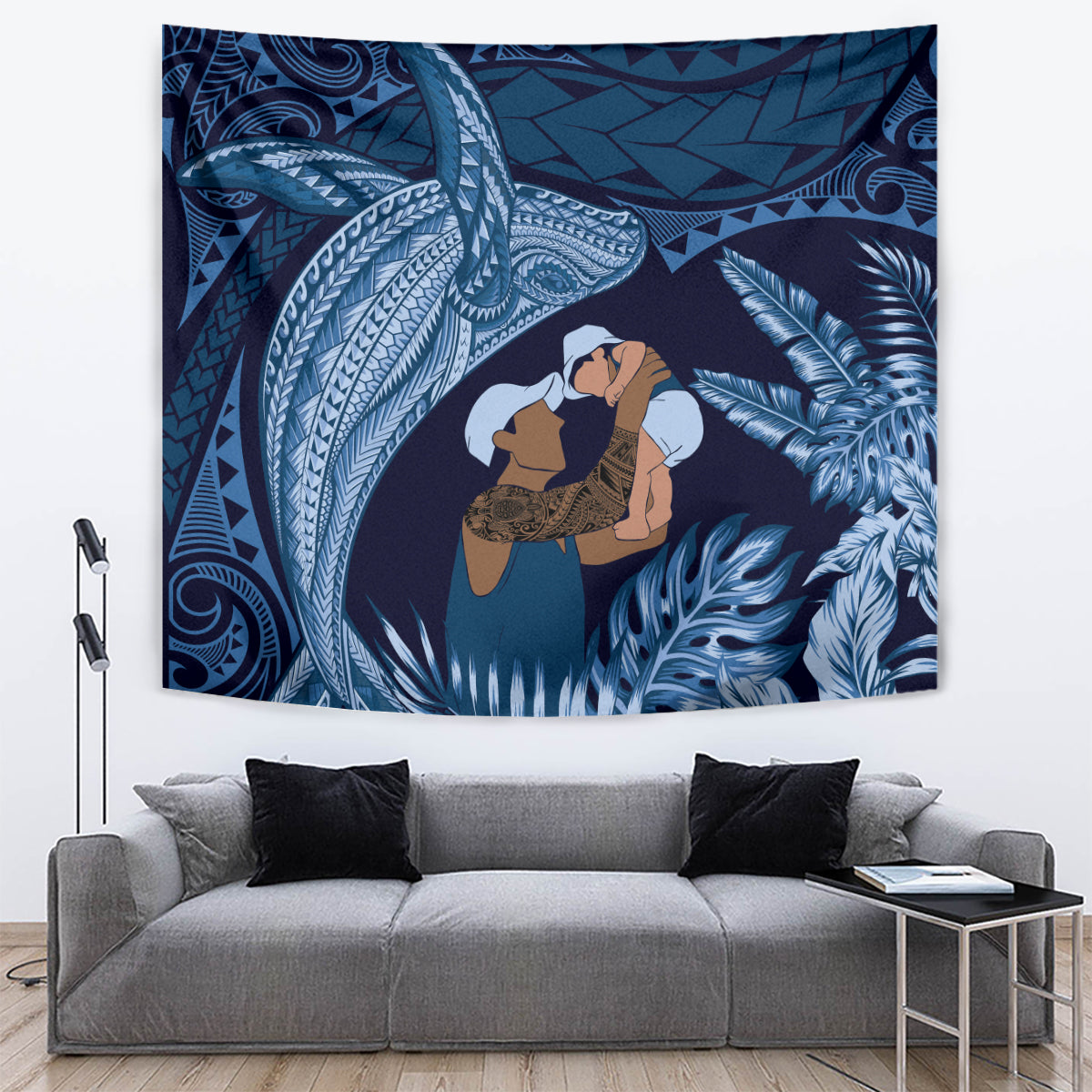 Father's Day Polynesian Pattern Tapestry Tropical Humpback Whale - Navy LT7 Navy Blue - Polynesian Pride