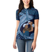 Father's Day Polynesian Pattern Women Polo Shirt Tropical Humpback Whale - Navy LT7 - Polynesian Pride