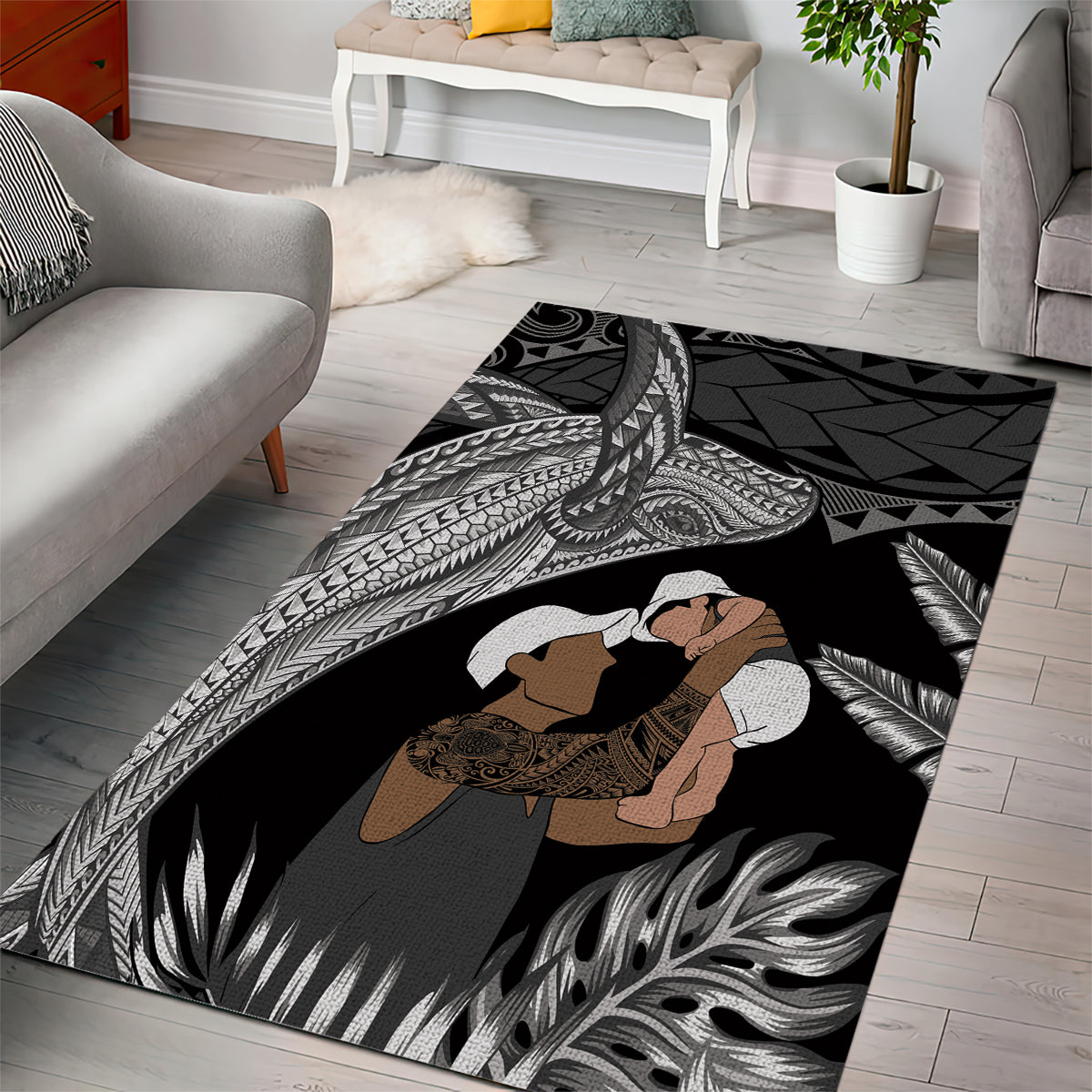 Father's Day Polynesian Pattern Area Rug Tropical Humpback Whale - Black LT7 - Polynesian Pride
