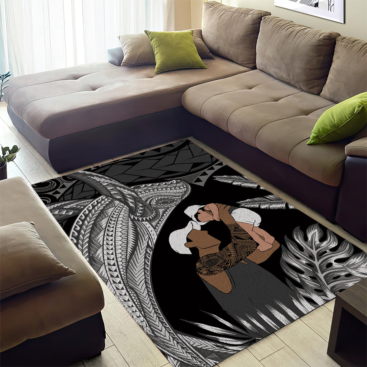 Father's Day Polynesian Pattern Area Rug Tropical Humpback Whale - Black LT7 - Polynesian Pride