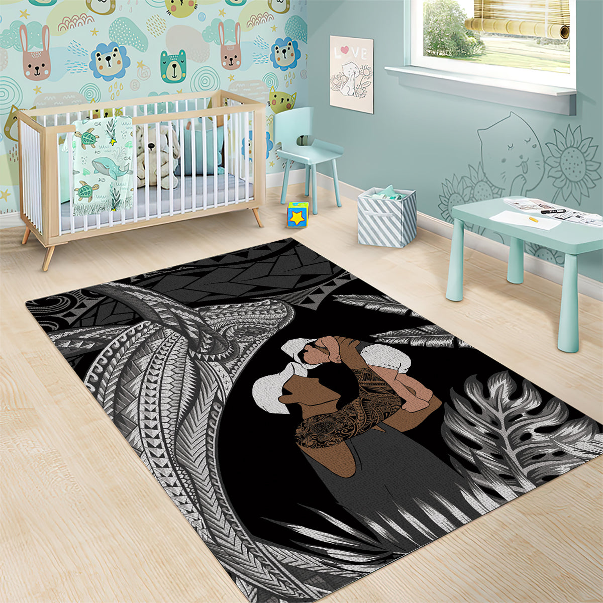 Father's Day Polynesian Pattern Area Rug Tropical Humpback Whale - Black LT7 - Polynesian Pride