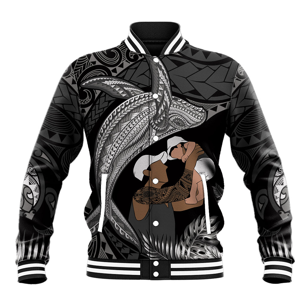 Father's Day Polynesian Pattern Baseball Jacket Tropical Humpback Whale - Black LT7 Unisex Black - Polynesian Pride