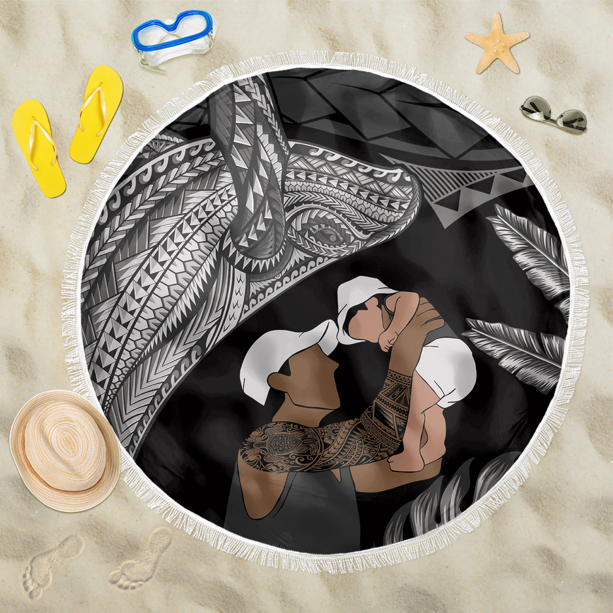 Father's Day Polynesian Pattern Beach Blanket Tropical Humpback Whale - Black LT7 One Size 150cm Black - Polynesian Pride