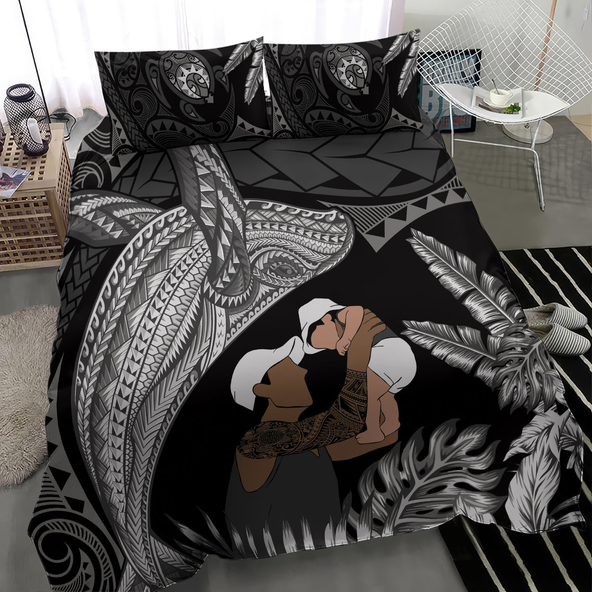 Father's Day Polynesian Pattern Bedding Set Tropical Humpback Whale - Black LT7 - Polynesian Pride