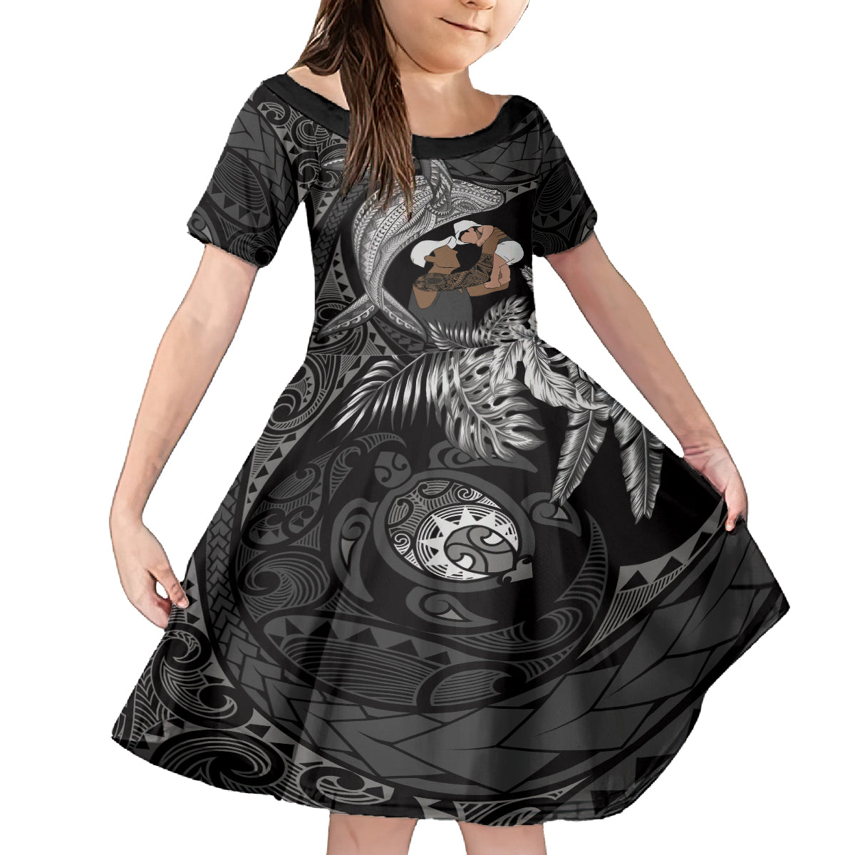 Father's Day Polynesian Pattern Kid Short Sleeve Dress Tropical Humpback Whale - Black LT7 KID Black - Polynesian Pride