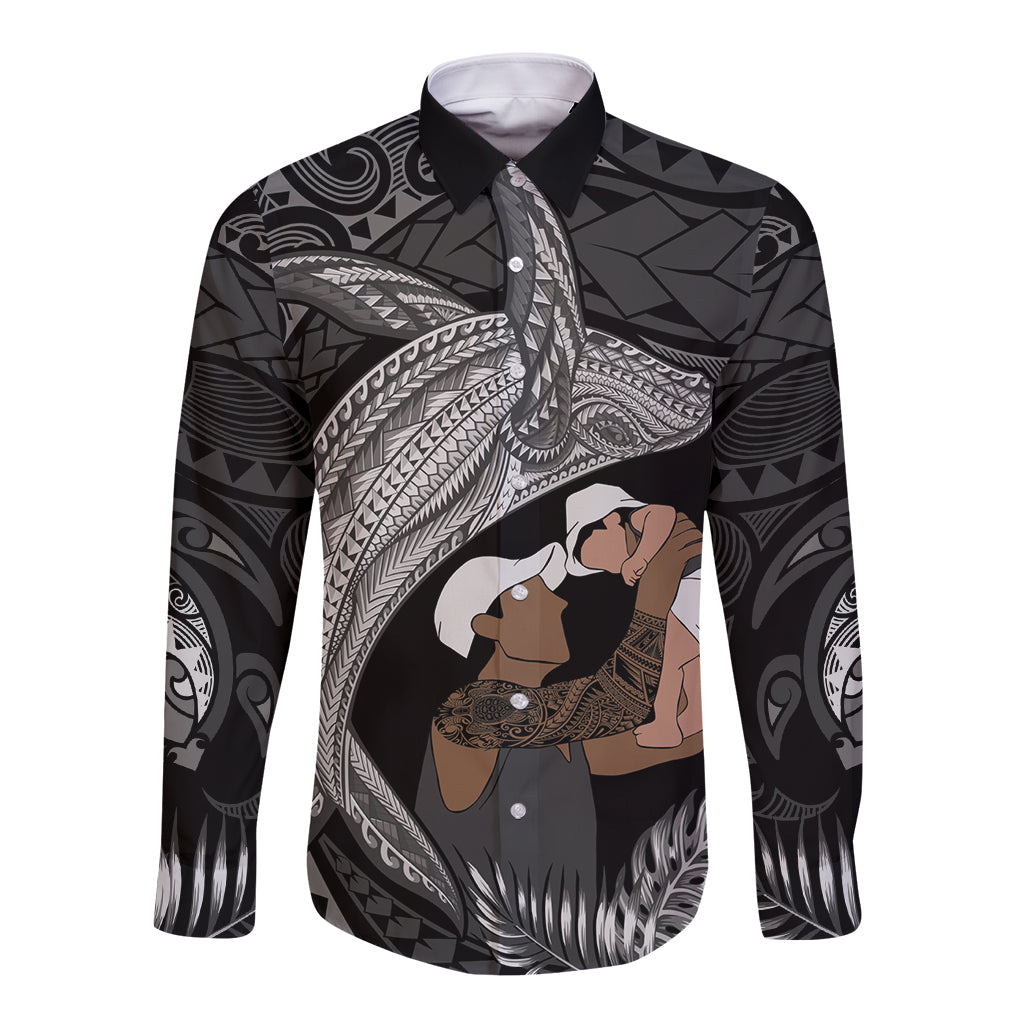 Father's Day Polynesian Pattern Long Sleeve Button Shirt Tropical Humpback Whale - Black LT7 Unisex Black - Polynesian Pride