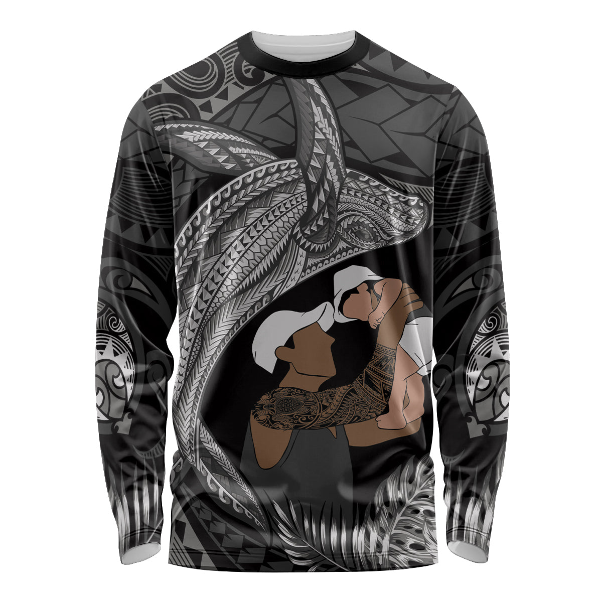 Father's Day Polynesian Pattern Long Sleeve Shirt Tropical Humpback Whale - Black LT7 Unisex Black - Polynesian Pride