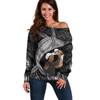 Father's Day Polynesian Pattern Off Shoulder Sweater Tropical Humpback Whale - Black LT7 Women Black - Polynesian Pride
