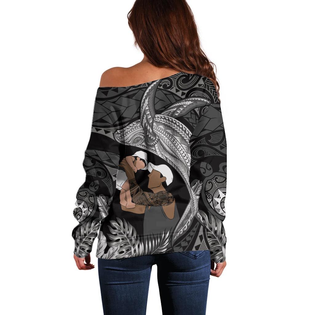 Father's Day Polynesian Pattern Off Shoulder Sweater Tropical Humpback Whale - Black LT7 - Polynesian Pride