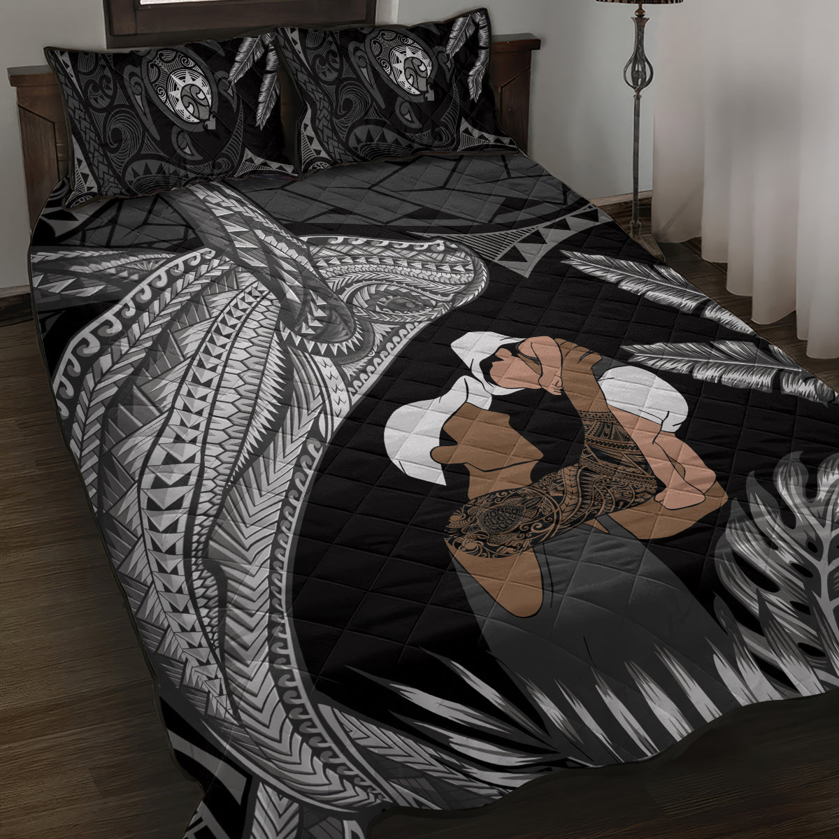 Father's Day Polynesian Pattern Quilt Bed Set Tropical Humpback Whale - Black LT7 Black - Polynesian Pride