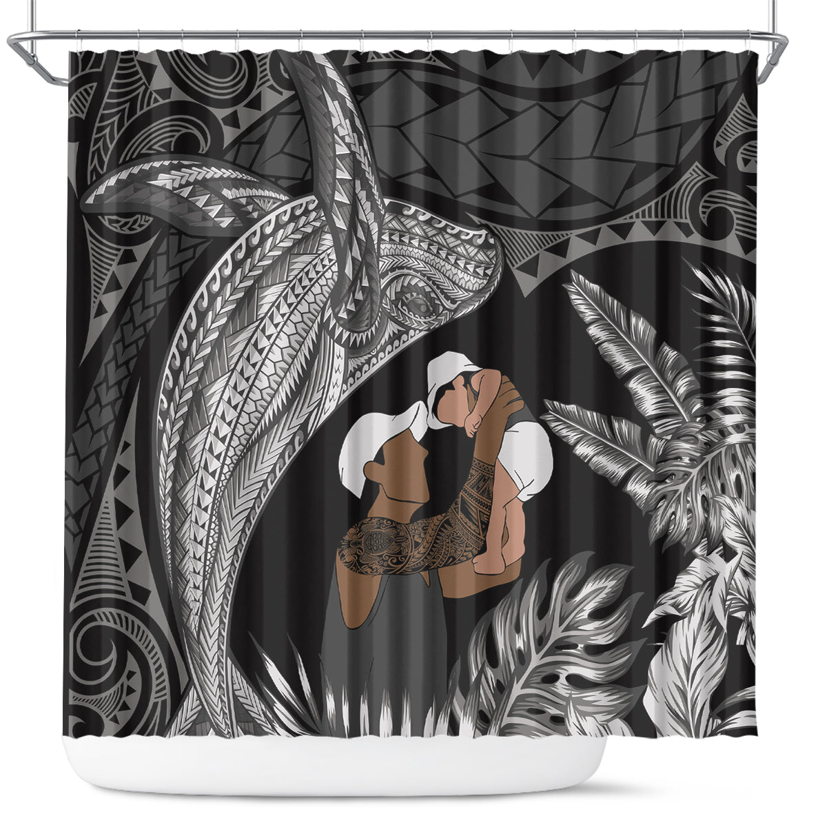 Father's Day Polynesian Pattern Shower Curtain Tropical Humpback Whale - Black LT7 Black - Polynesian Pride