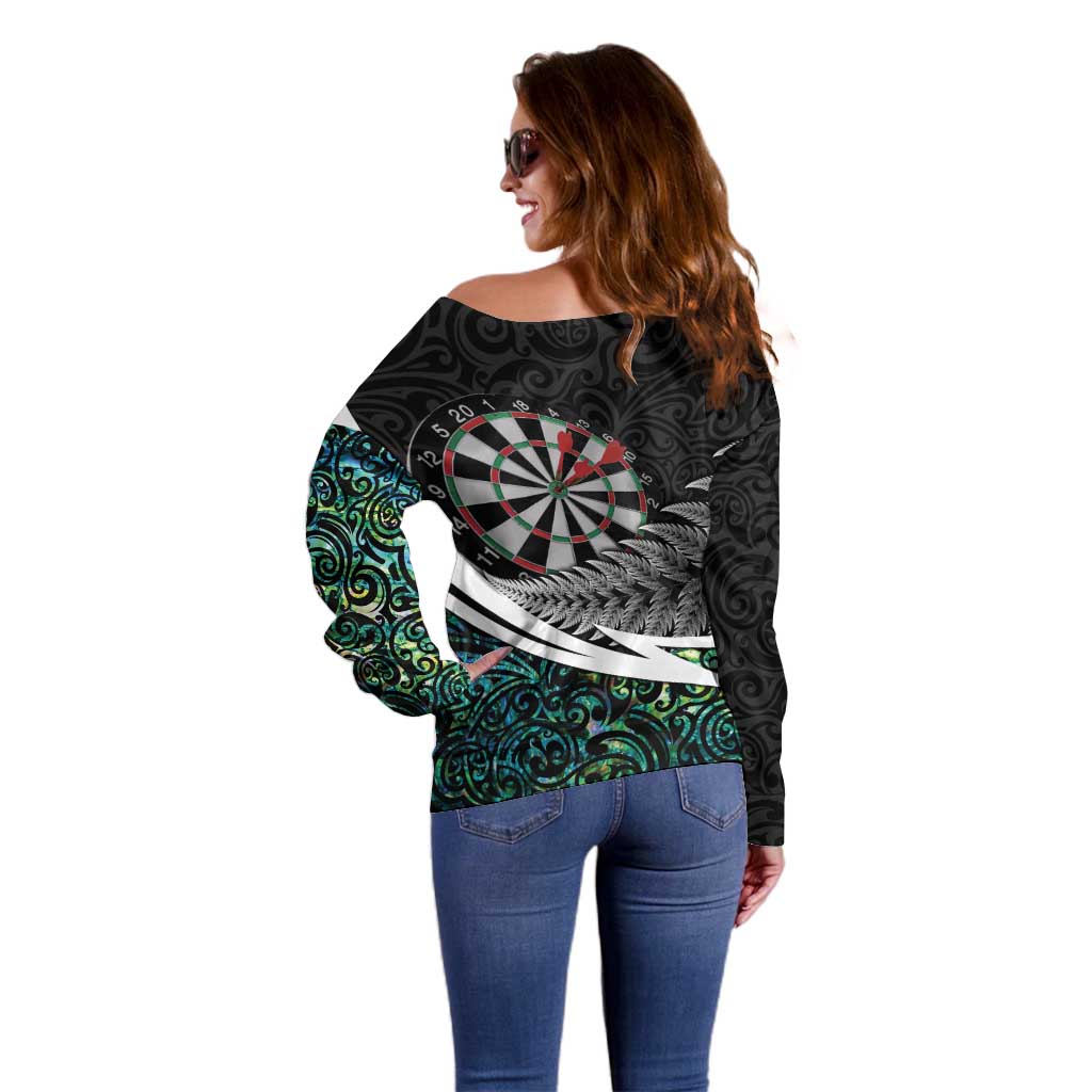 Personalized NZ Darts Off Shoulder Sweater Paua Shell Maori Koru Whakairo LT7 - Polynesian Pride