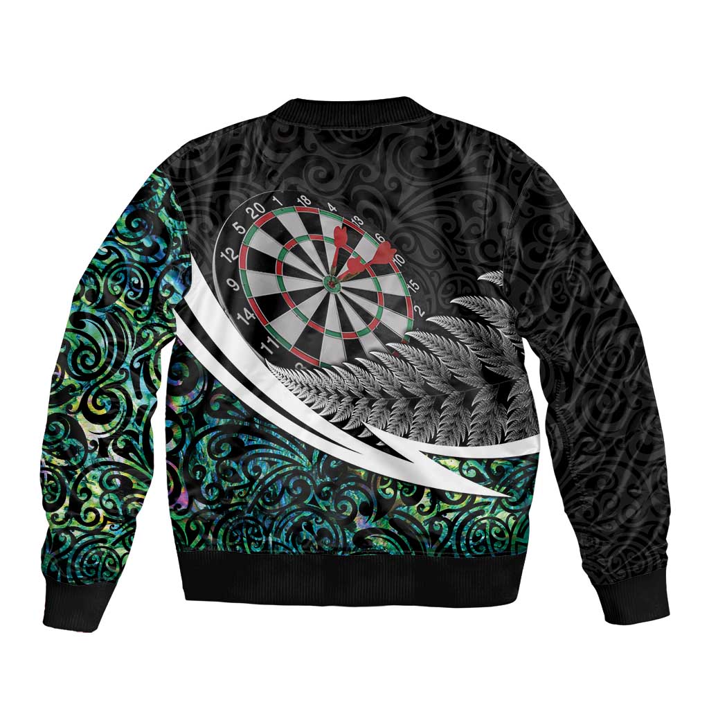 Personalized NZ Darts Sleeve Zip Bomber Jacket Paua Shell Maori Koru Whakairo LT7 - Polynesian Pride
