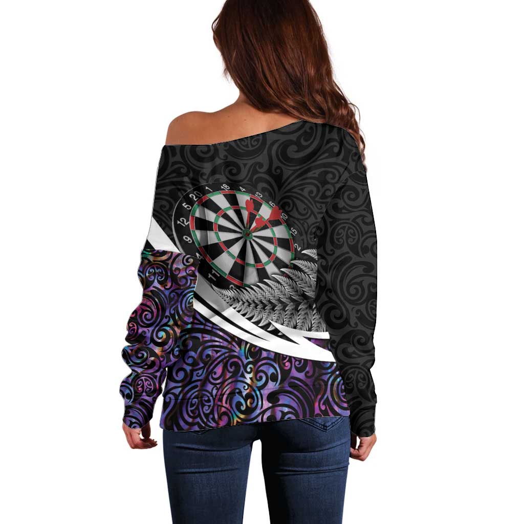 Personalized NZ Darts Off Shoulder Sweater Paua Shell Maori Koru Whakairo - Purple LT7 - Polynesian Pride