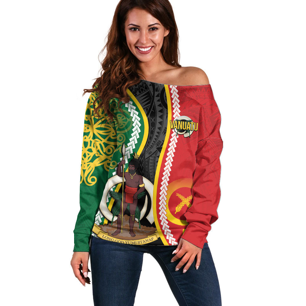 Ni-Vanuatu Indipendens Dei Celebretem Off Shoulder Sweater Yumi Yumi Yumi LT7 Women Multicolor - Polynesian Pride