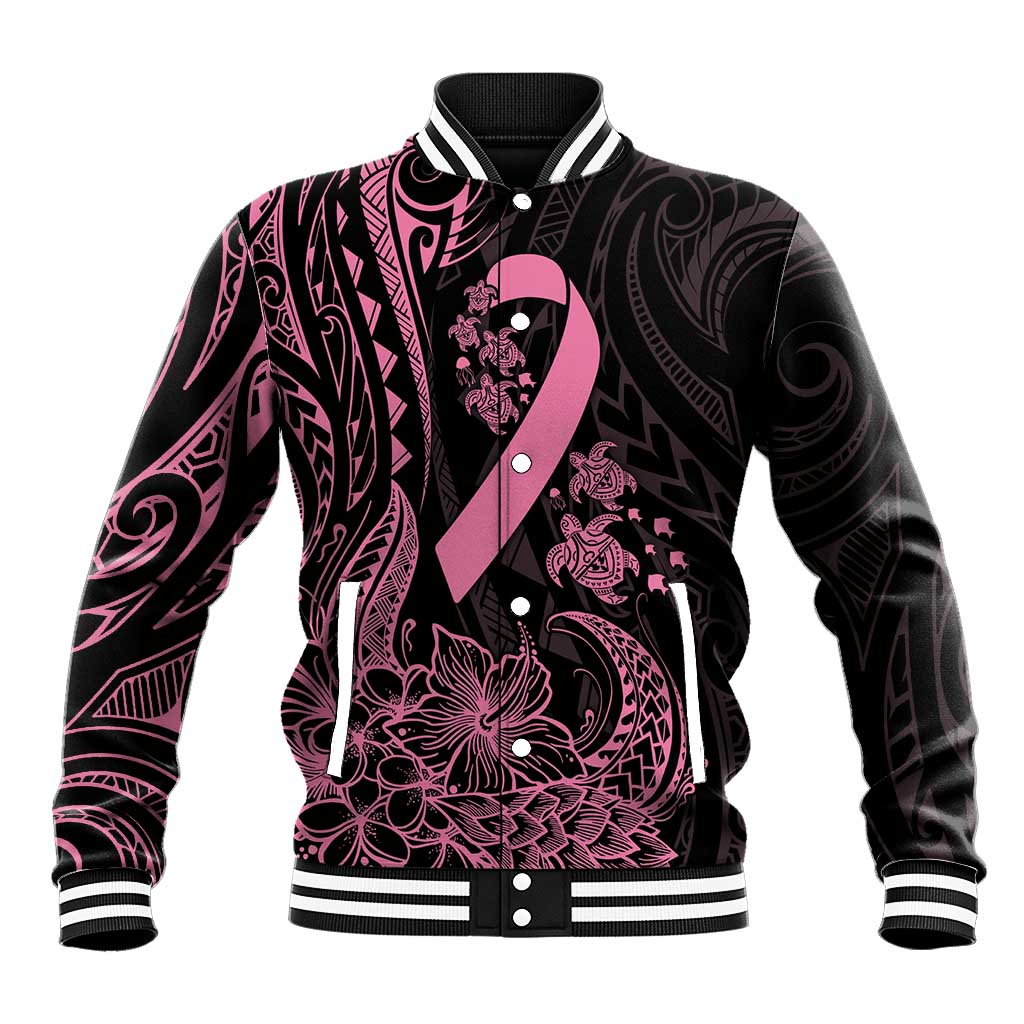 Polynesian Pink Power Baseball Jacket Breast Cancer Ribbon Turtle and Flowers