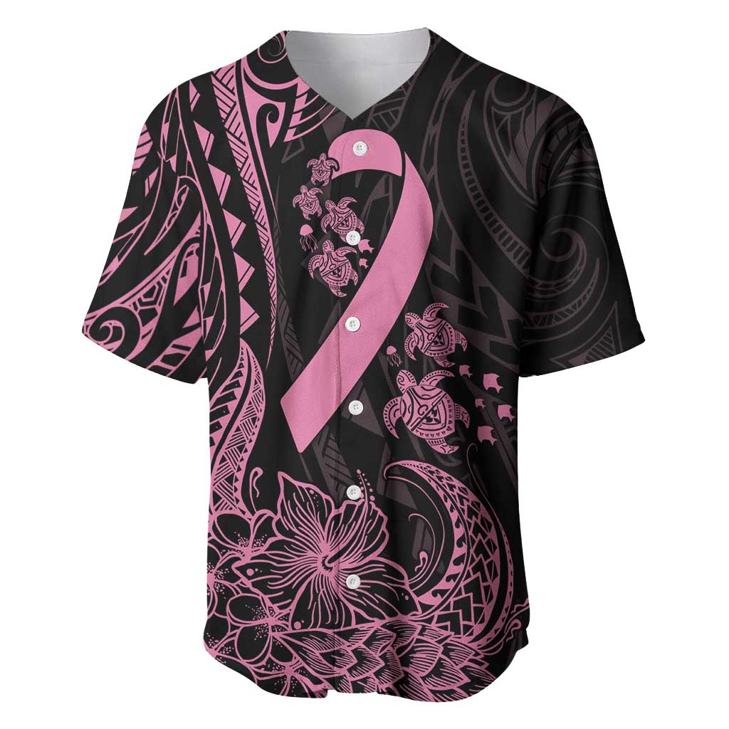 Polynesian Pink Power Baseball Jersey Breast Cancer Ribbon Turtle and Flowers