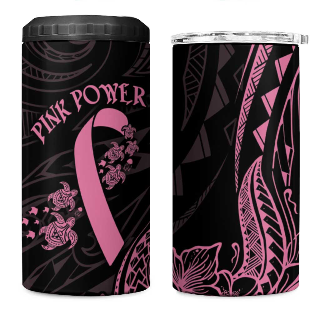 Polynesian Pink Power 4 in 1 Can Cooler Tumbler Breast Cancer Ribbon Turtle and Flowers