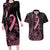 Polynesian Pink Power Couples Matching Long Sleeve Bodycon Dress and Hawaiian Shirt Breast Cancer Ribbon Turtle and Flowers