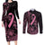 Polynesian Pink Power Couples Matching Long Sleeve Bodycon Dress and Long Sleeve Button Shirt Breast Cancer Ribbon Turtle and Flowers