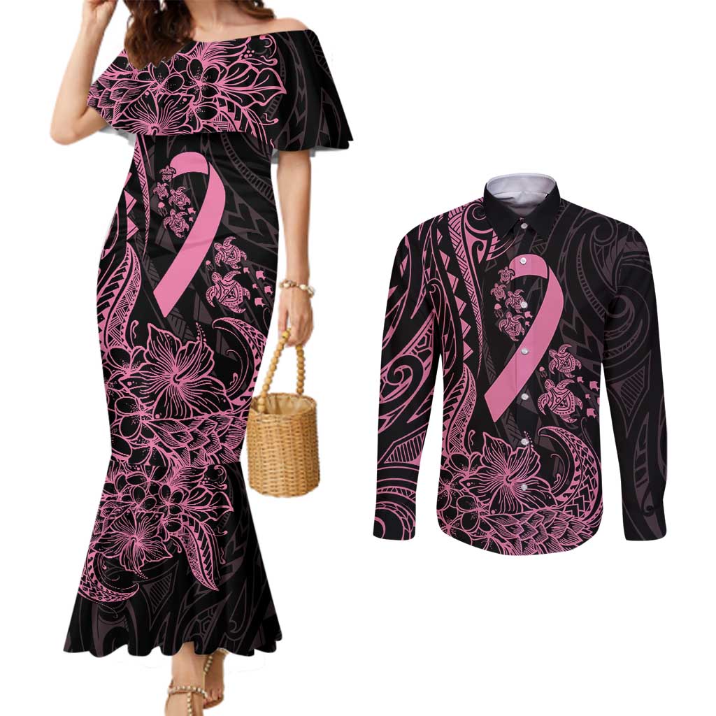 Polynesian Pink Power Couples Matching Mermaid Dress and Long Sleeve Button Shirt Breast Cancer Ribbon Turtle and Flowers