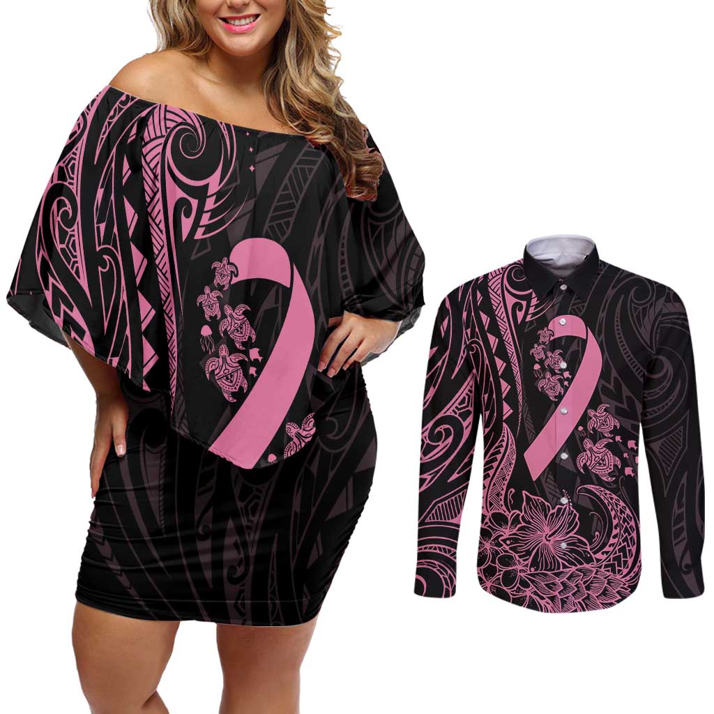 Polynesian Pink Power Couples Matching Off Shoulder Short Dress and Long Sleeve Button Shirt Breast Cancer Ribbon Turtle and Flowers