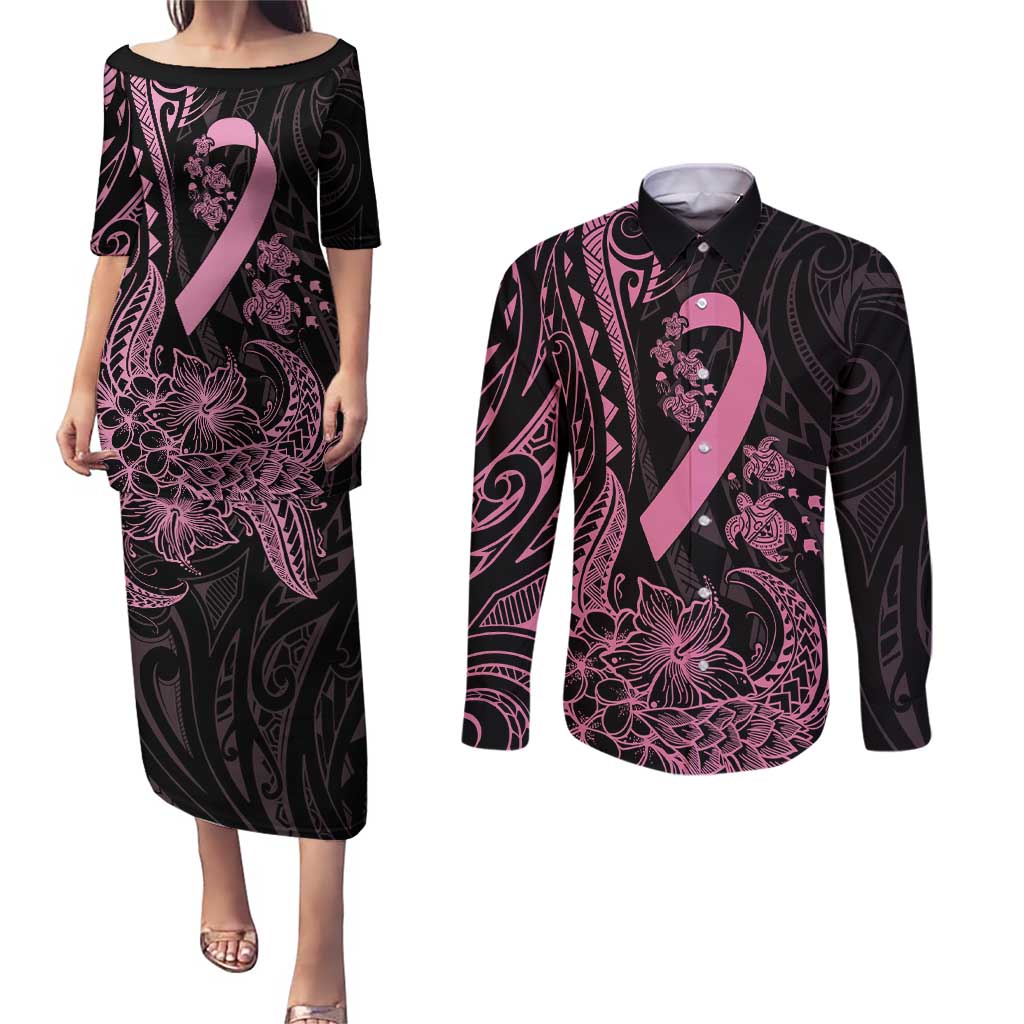 Polynesian Pink Power Couples Matching Puletasi and Long Sleeve Button Shirt Breast Cancer Ribbon Turtle and Flowers