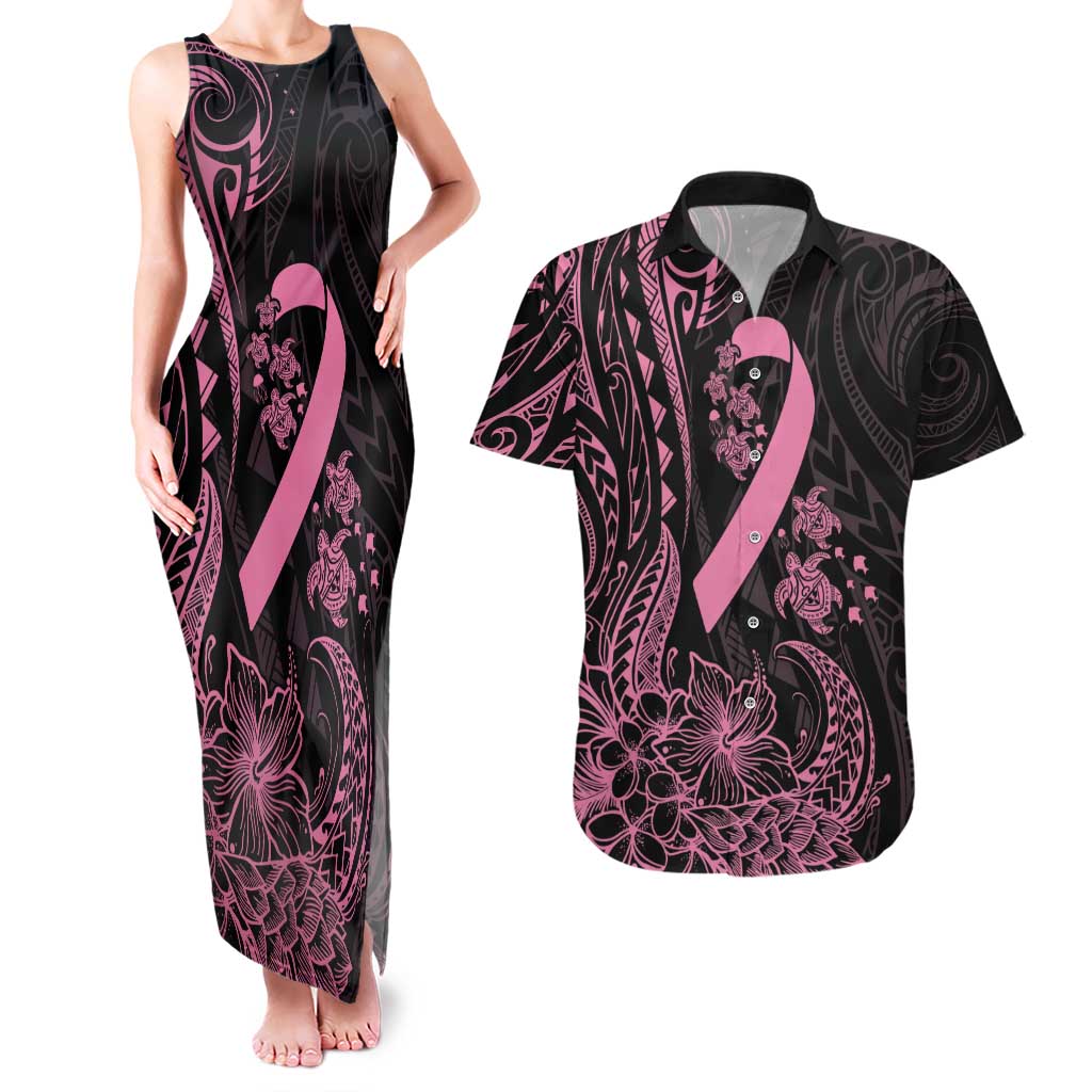 Polynesian Pink Power Couples Matching Tank Maxi Dress and Hawaiian Shirt Breast Cancer Ribbon Turtle and Flowers