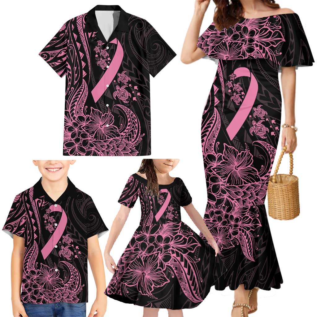 Polynesian Pink Power Family Matching Mermaid Dress and Hawaiian Shirt Breast Cancer Ribbon Turtle and Flowers