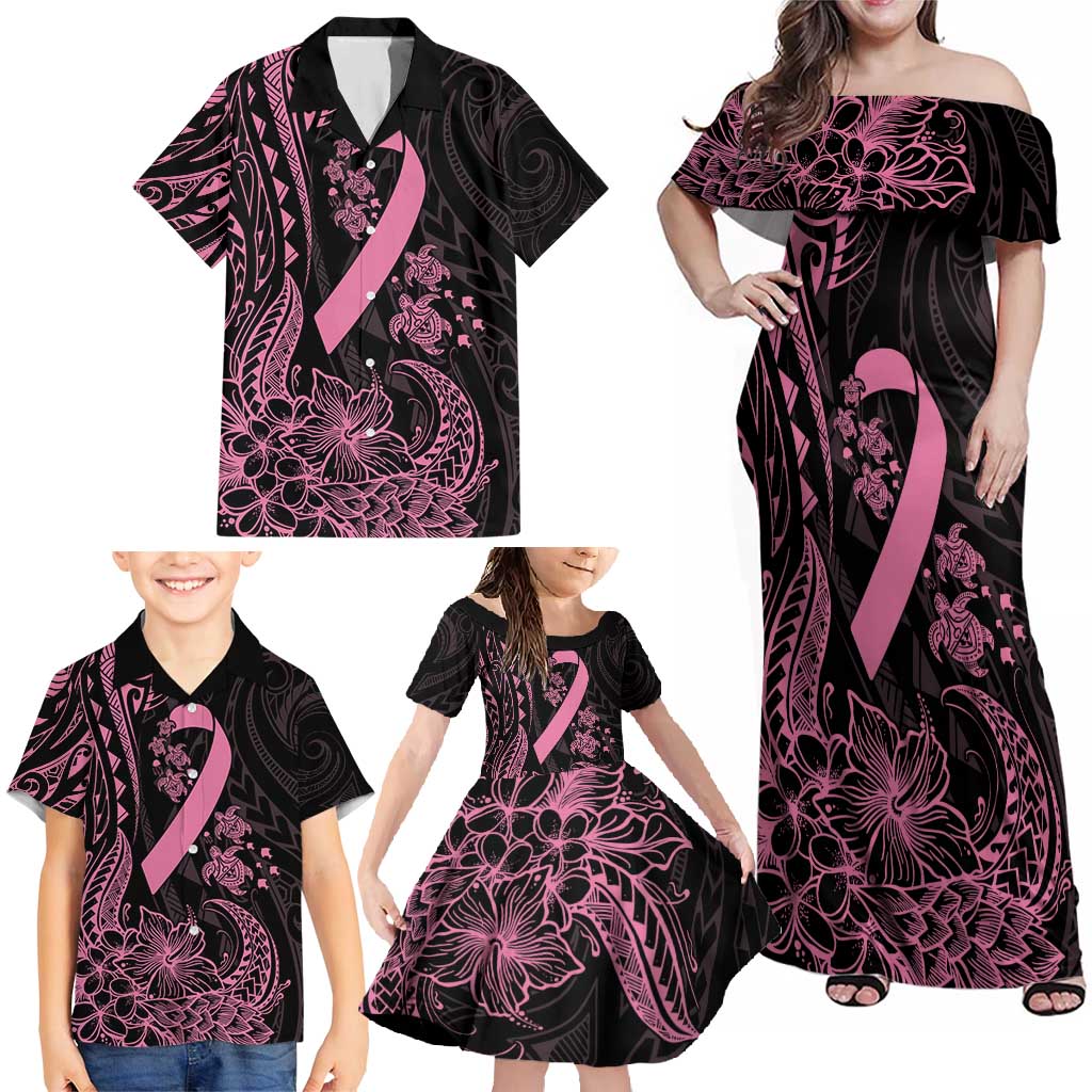 Polynesian Pink Power Family Matching Off Shoulder Maxi Dress and Hawaiian Shirt Breast Cancer Ribbon Turtle and Flowers